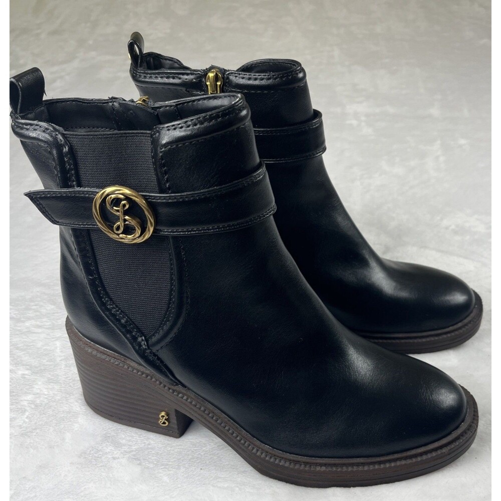Sam & Libby Black Leather Ankle Boots with Gold Tone Logo